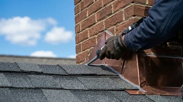 Sealing copper flashing at a brick chimney