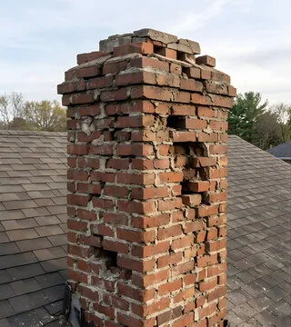 Before: brick chimney with blown-out bricks, wide open joints and a broken top