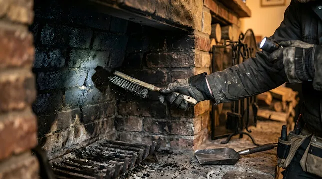 Brushing soot from a firebox with a flashlight