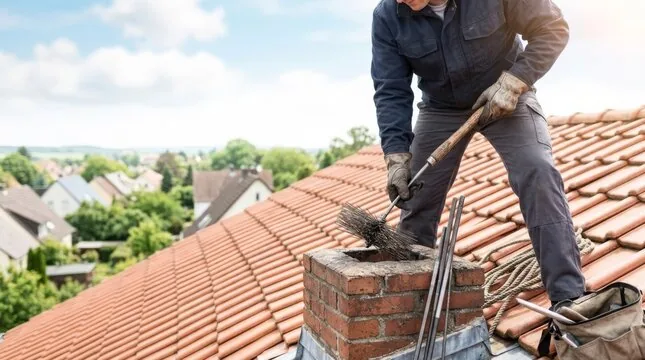 Chimney sweep with brush and rods working at a brick chimney on a red clay tile roof